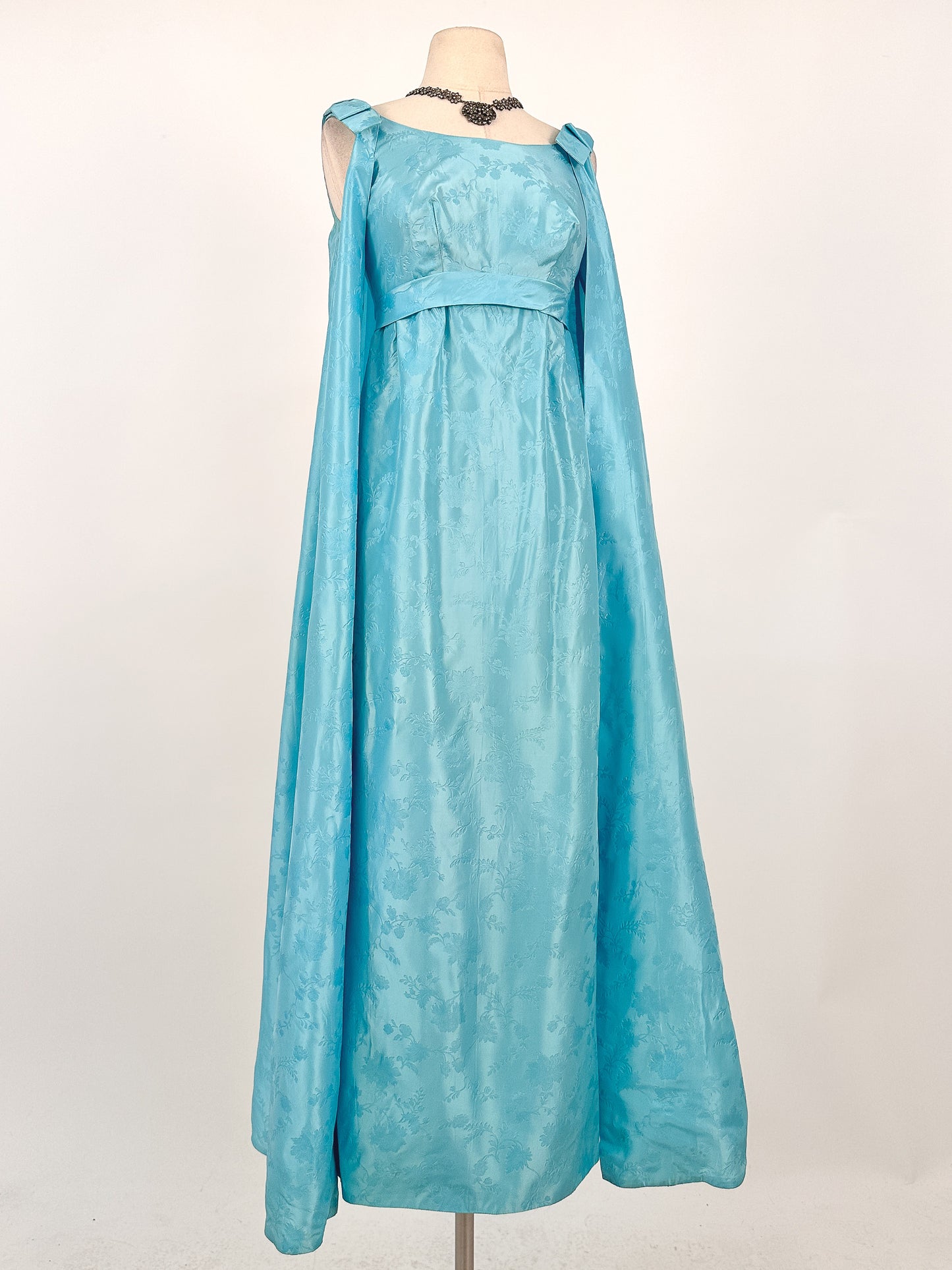 1960s Aquamarine Embossed Satin Evening Gown / Bust 32