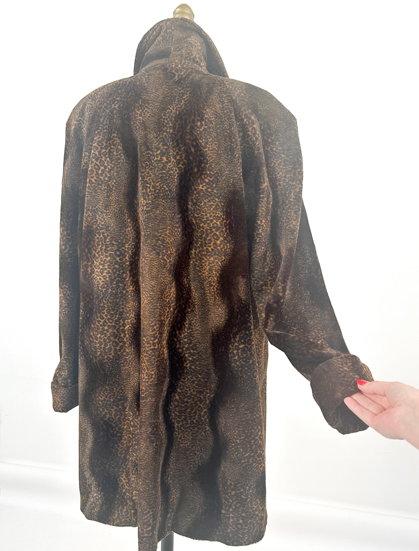 1980s Chocolate Leopard Print Faux Fur Coat