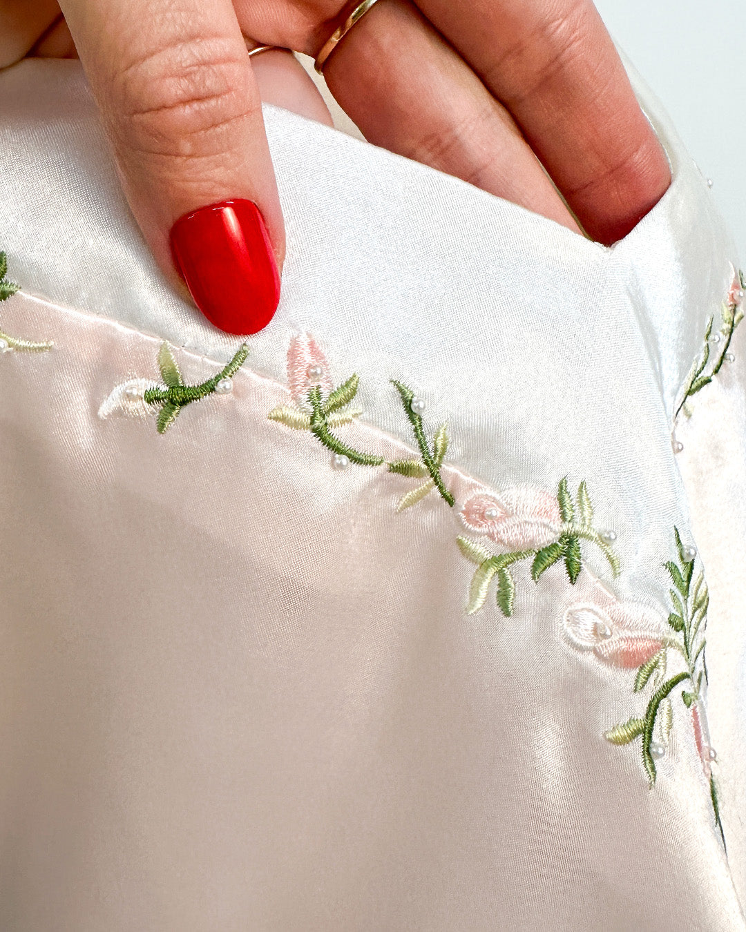 1980s Silky Slip with Pearls and Roses Accents / Medium