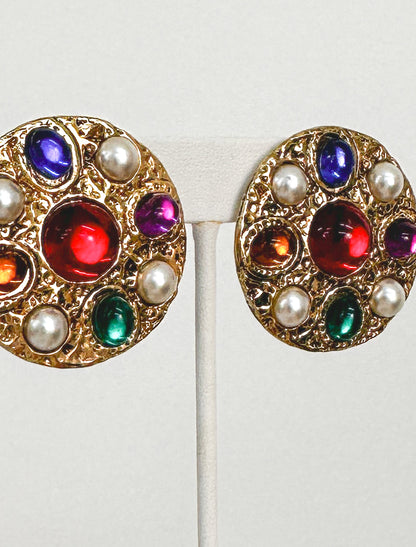 1990s Gold Clip-ons with Multi-Colored Gems