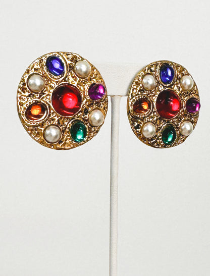 1990s Gold Clip-ons with Multi-Colored Gems