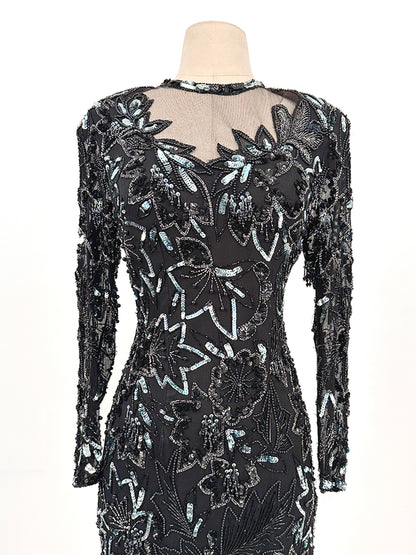 1980s Silver & Blue Sequins Black Evening Gown / Waist 30