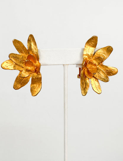 1980s Golden Flower Petal Clip-on Earrings