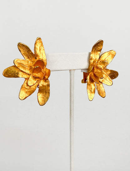 1980s Golden Flower Petal Clip-on Earrings