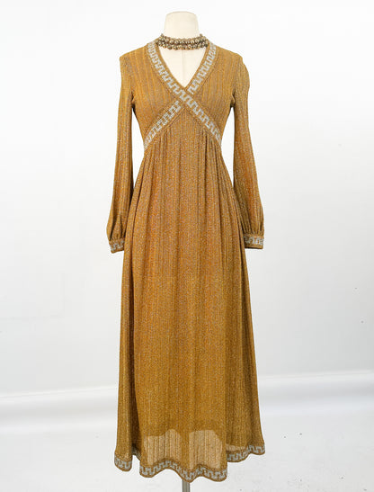 1970s Gold Glitter Knit Dress / Waist 28-30"