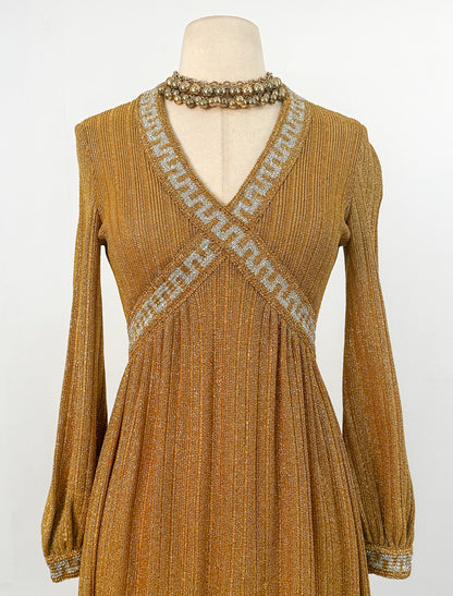 1970s Gold Glitter Knit Dress / Waist 28-30"