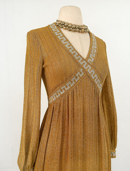 1970s Gold Glitter Knit Dress / Waist 28-30"