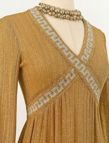 1970s Gold Glitter Knit Dress / Waist 28-30"