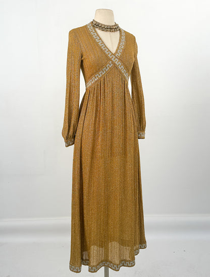 1970s Gold Glitter Knit Dress / Waist 28-30"