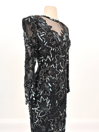 1980s Silver & Blue Sequins Black Evening Gown / Waist 30