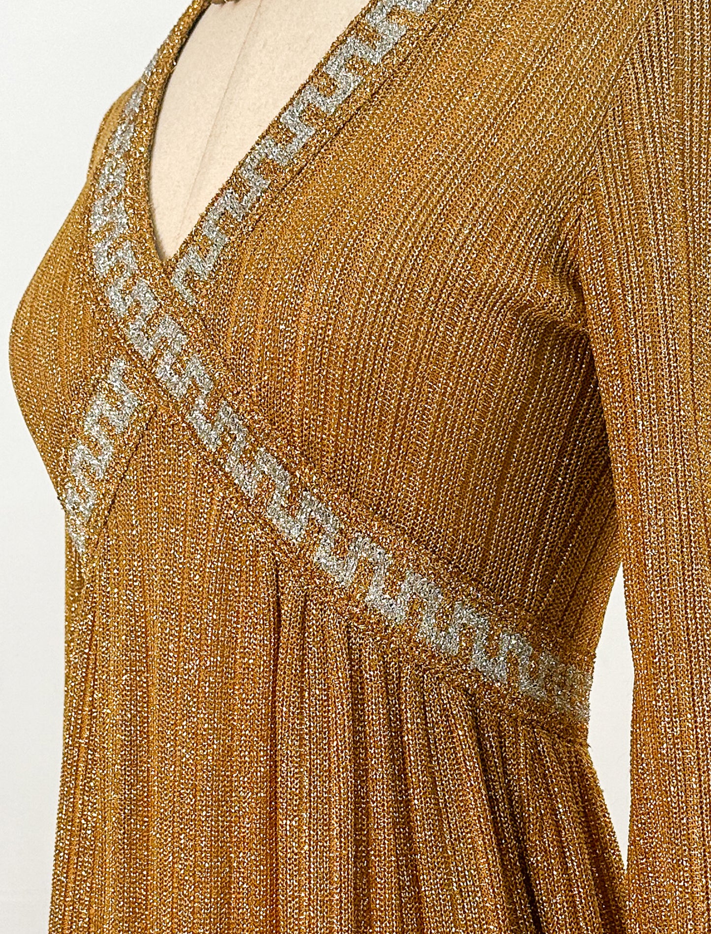 1970s Gold Glitter Knit Dress / Waist 28-30"