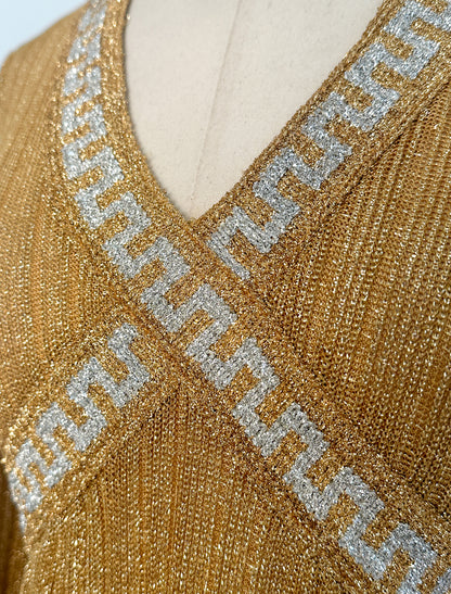 1970s Gold Glitter Knit Dress / Waist 28-30"