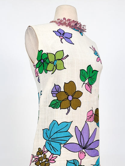 1960s Falling Floral Linen Dress / Waist 32