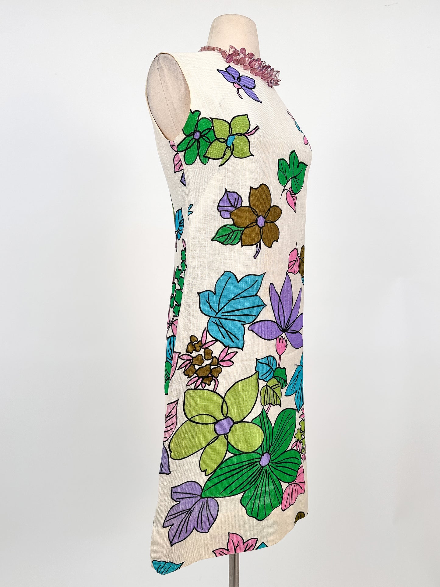 1960s Falling Floral Linen Dress / Waist 32