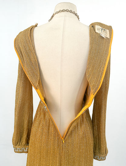 1970s Gold Glitter Knit Dress / Waist 28-30"