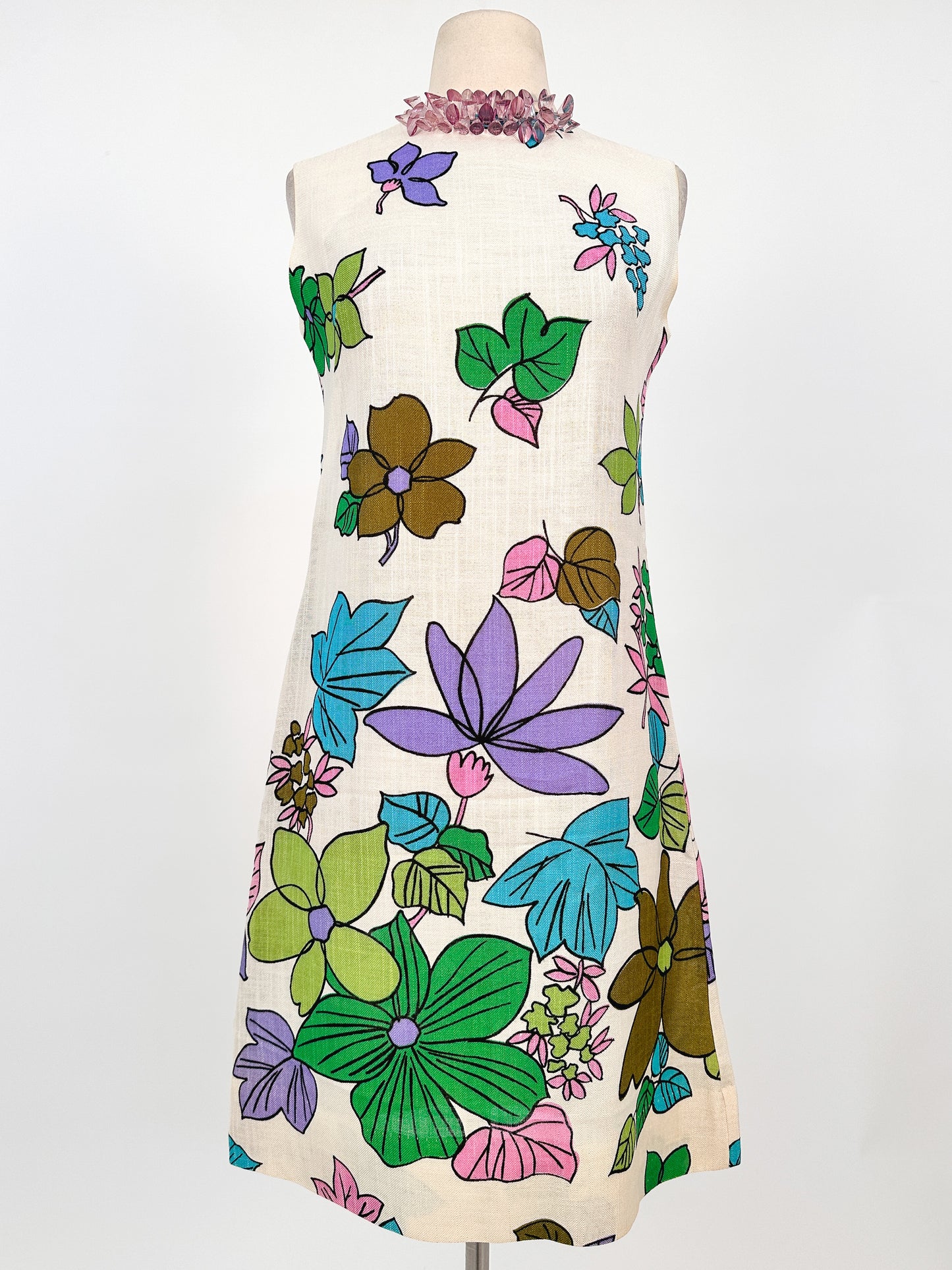 1960s Falling Floral Linen Dress / Waist 32