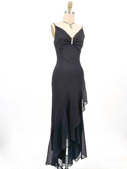 Y2K Black Evening Gown with Rhinestone Accent / Waist 24