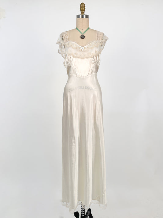 1940s Liquid Satin Nightgown with Diaphanous Neckline / Waist 34
