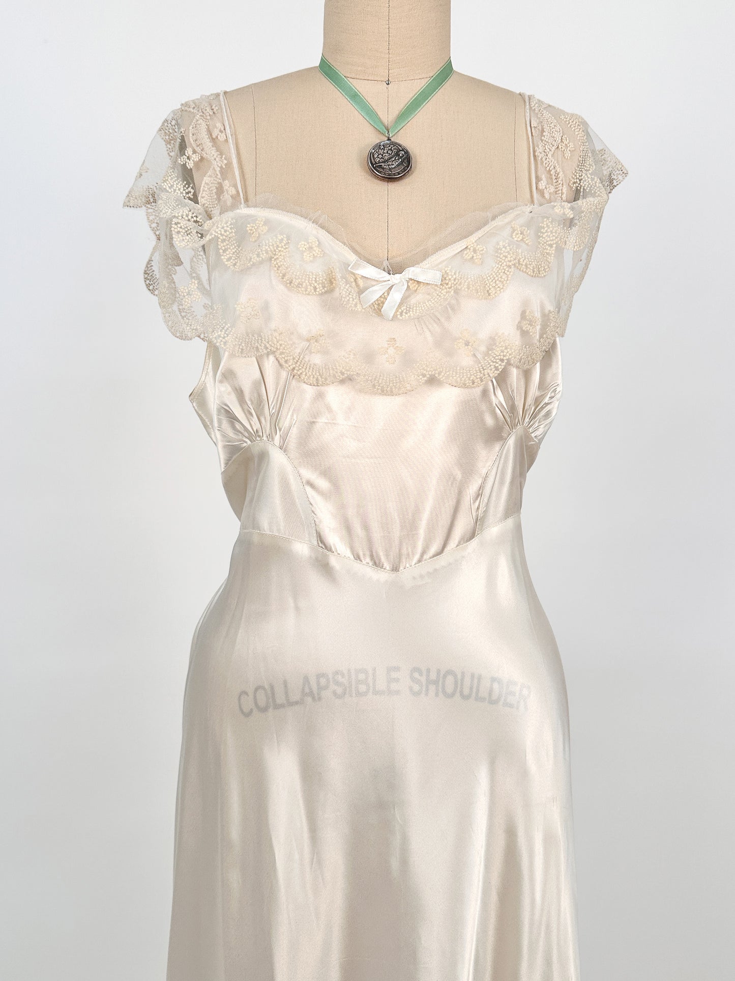 1940s Liquid Satin Nightgown with Diaphanous Neckline / Waist 34
