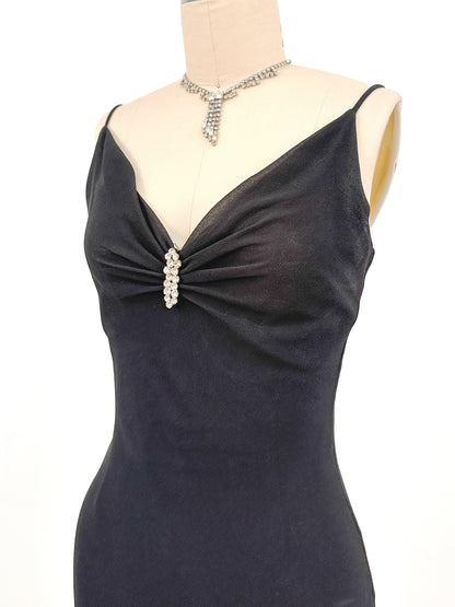 Y2K Black Evening Gown with Rhinestone Accent / Waist 24