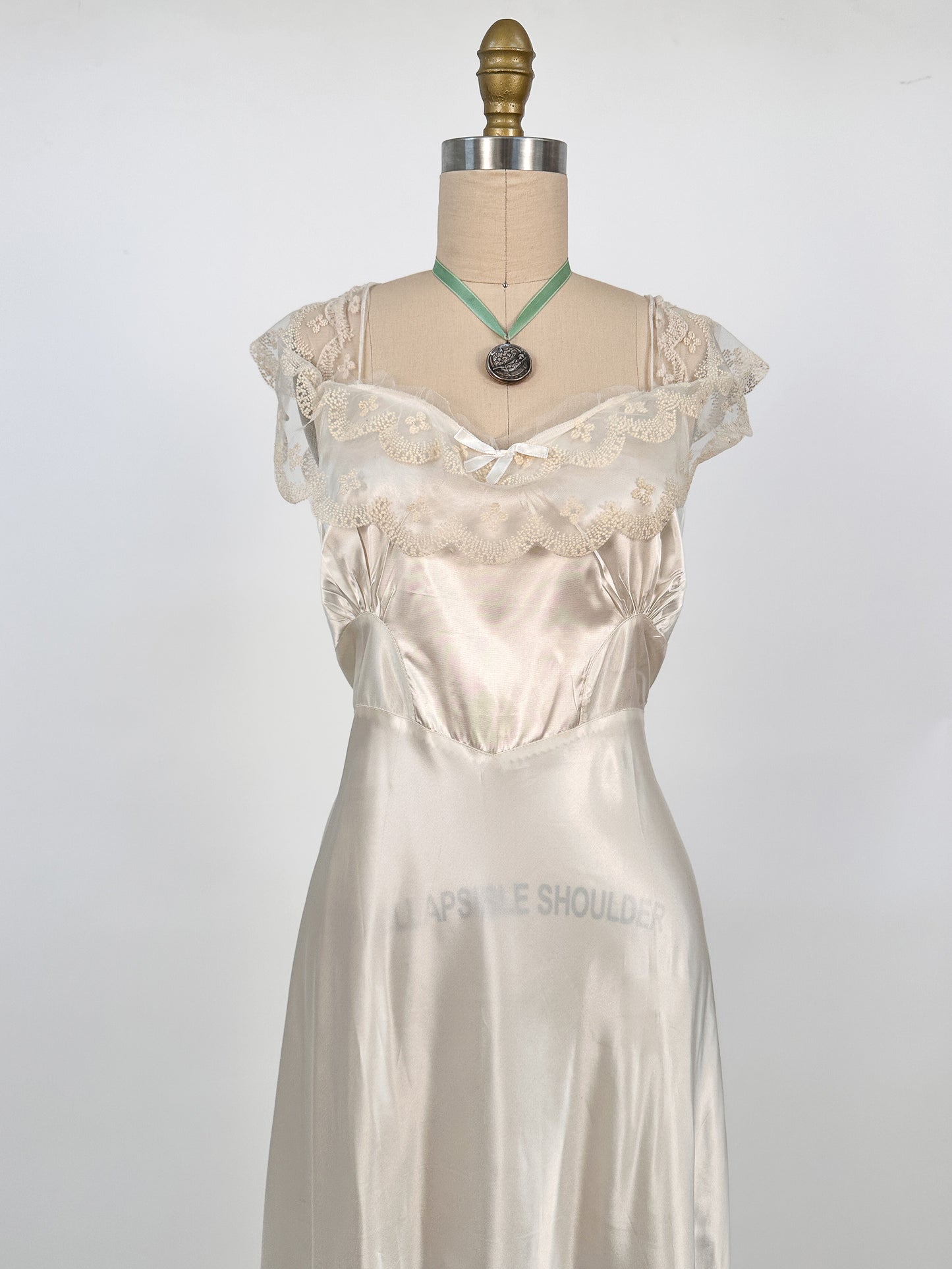1940s Liquid Satin Nightgown with Diaphanous Neckline / Waist 34