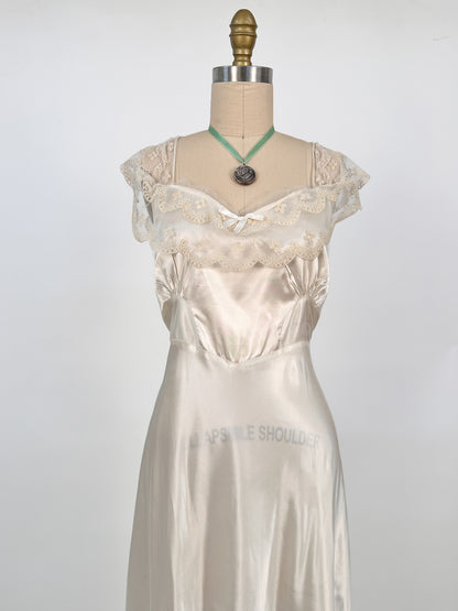 1940s Liquid Satin Nightgown with Diaphanous Neckline / Waist 34