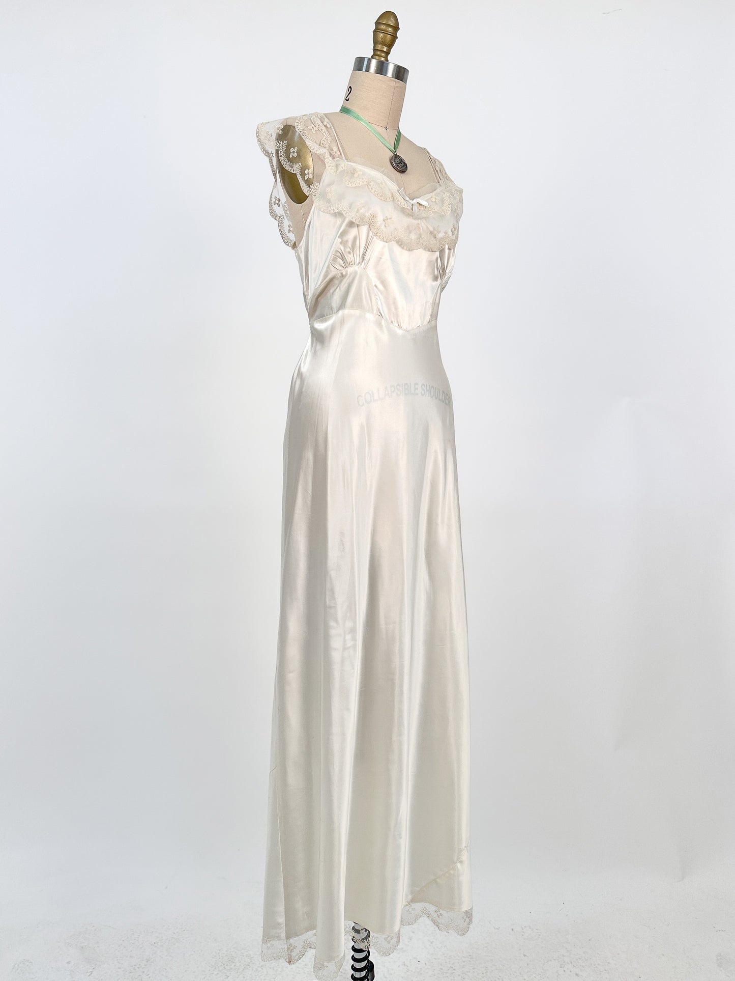 1940s Liquid Satin Nightgown with Diaphanous Neckline / Waist 34