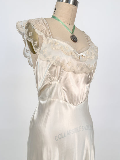 1940s Liquid Satin Nightgown with Diaphanous Neckline / Waist 34