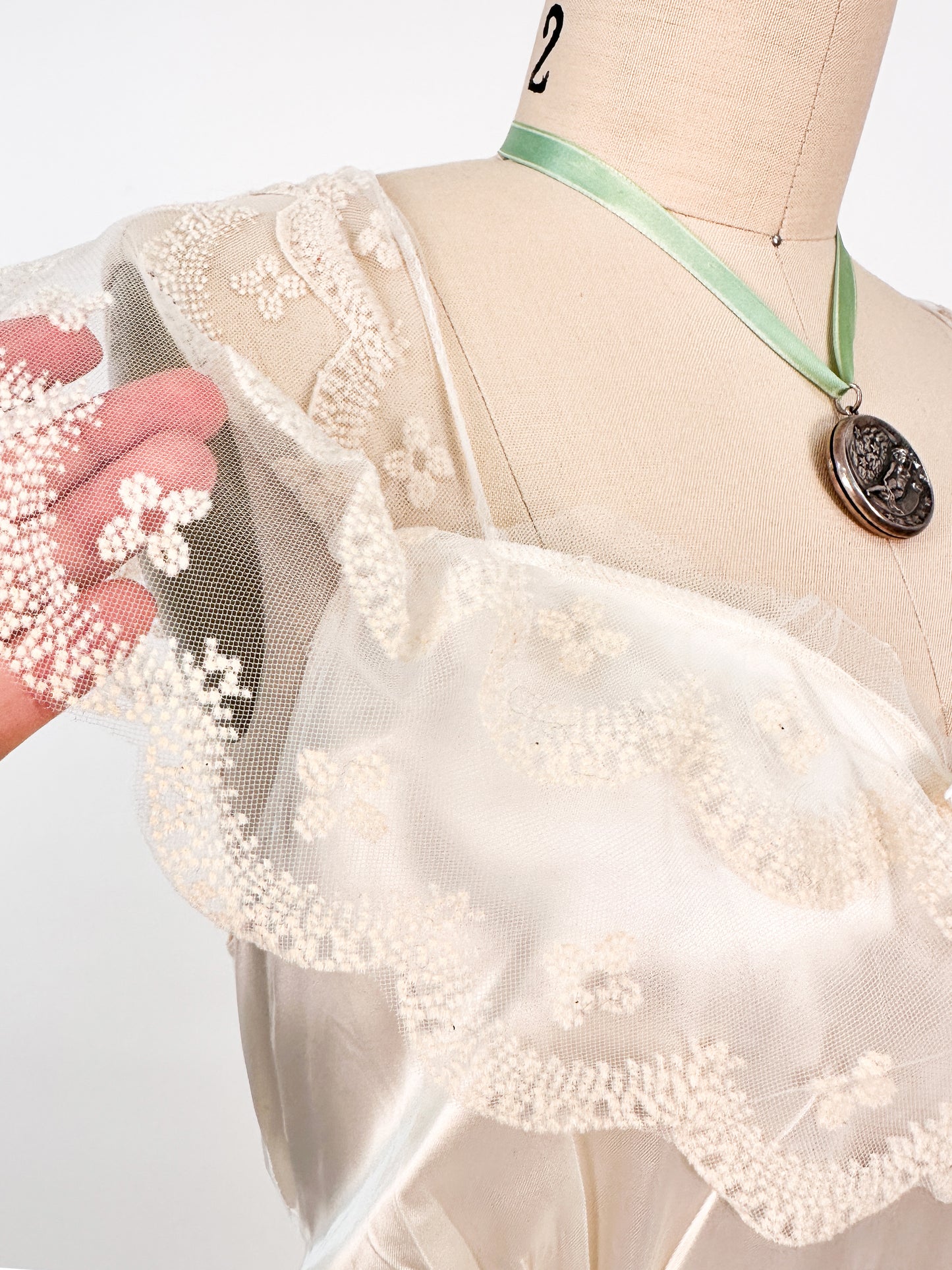 1940s Liquid Satin Nightgown with Diaphanous Neckline / Waist 34