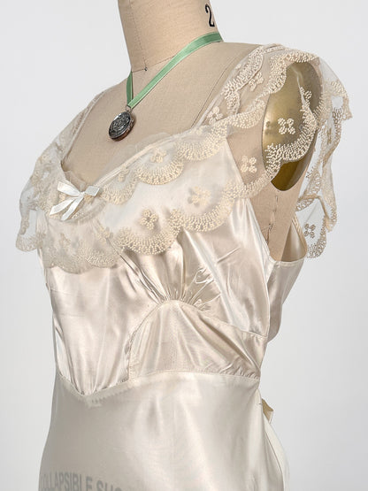 1940s Liquid Satin Nightgown with Diaphanous Neckline / Waist 34