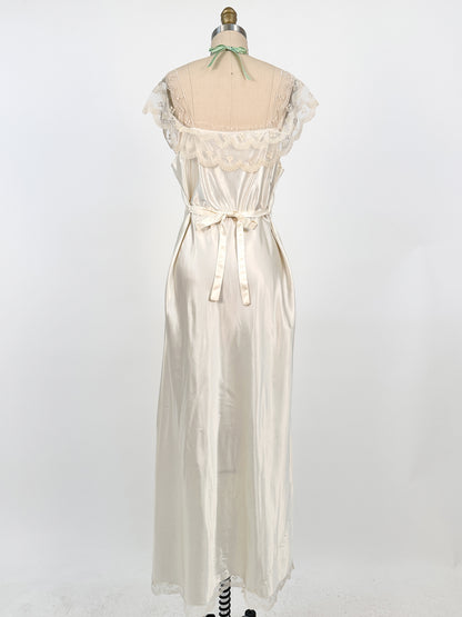 1940s Liquid Satin Nightgown with Diaphanous Neckline / Waist 34
