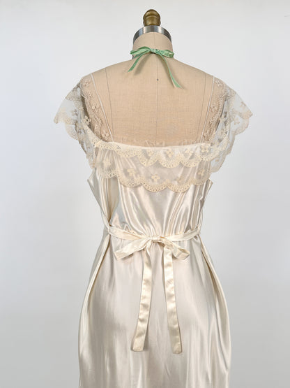 1940s Liquid Satin Nightgown with Diaphanous Neckline / Waist 34