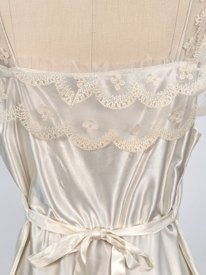 1940s Liquid Satin Nightgown with Diaphanous Neckline / Waist 34