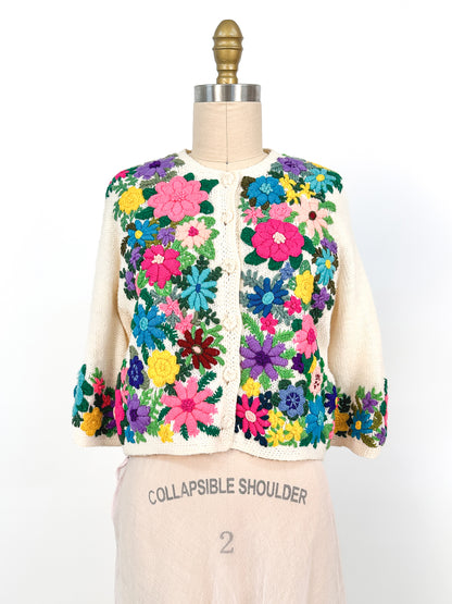 1960s Bright Floral Knitted Cardigan / Bust 38