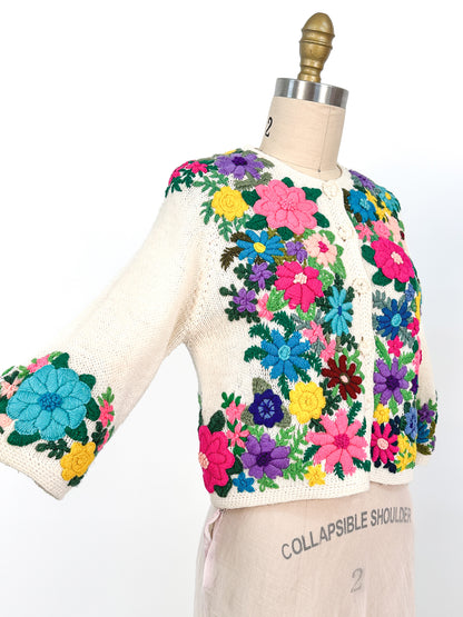 1960s Bright Floral Knitted Cardigan / Bust 38