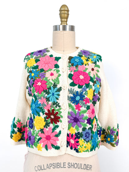 1960s Bright Floral Knitted Cardigan / Bust 38