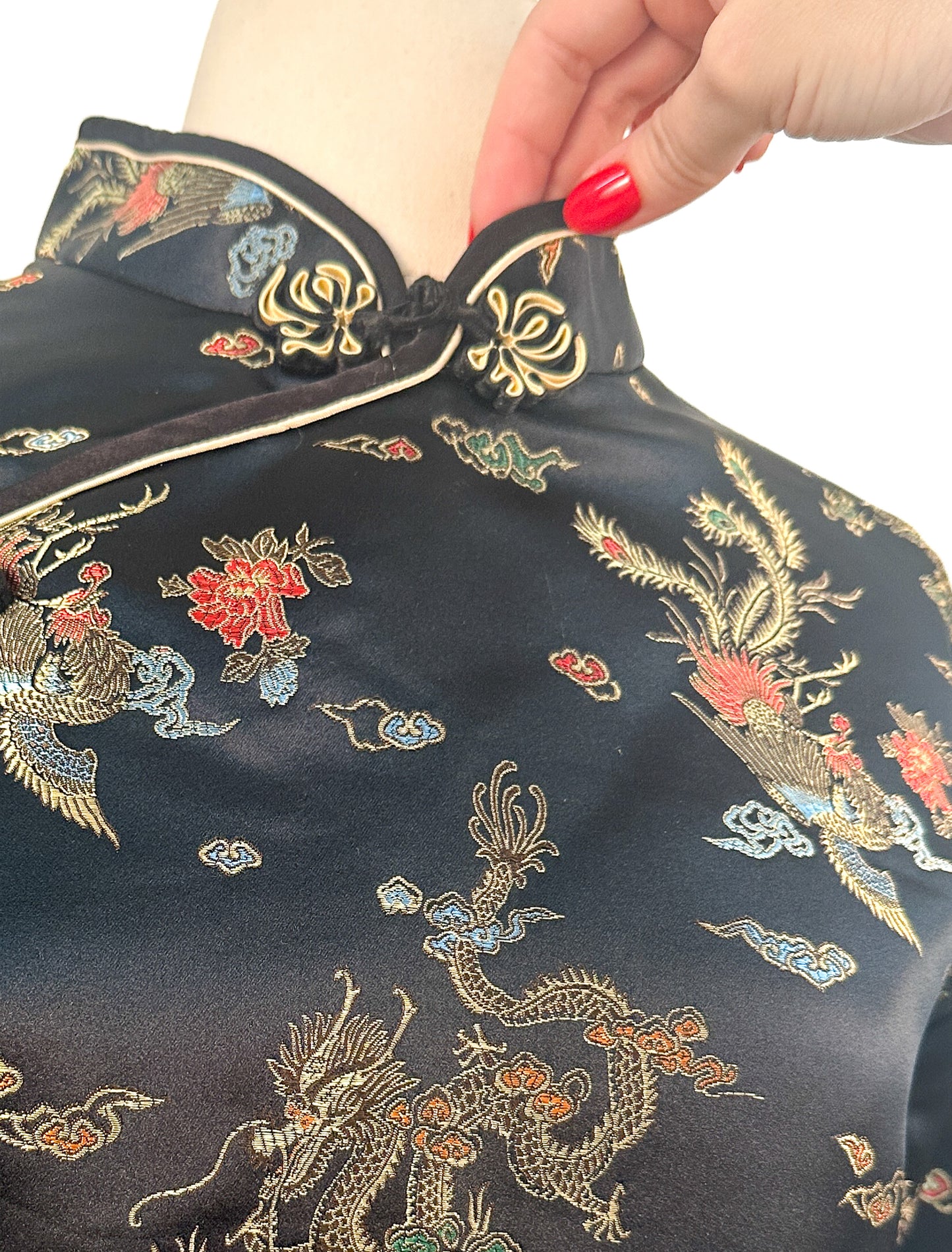 1980s Traditional Chinese Silk Dress with Dragon Motif / Waist 36