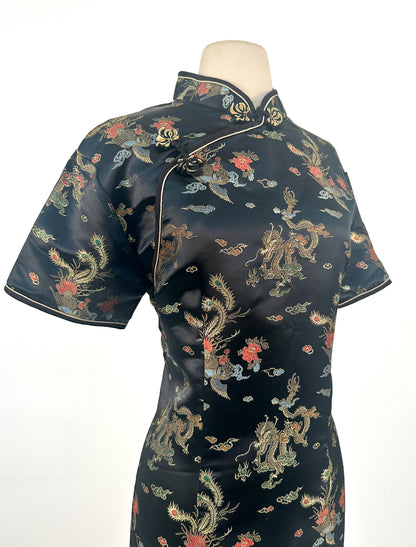 1980s Traditional Chinese Silk Dress with Dragon Motif / Waist 36