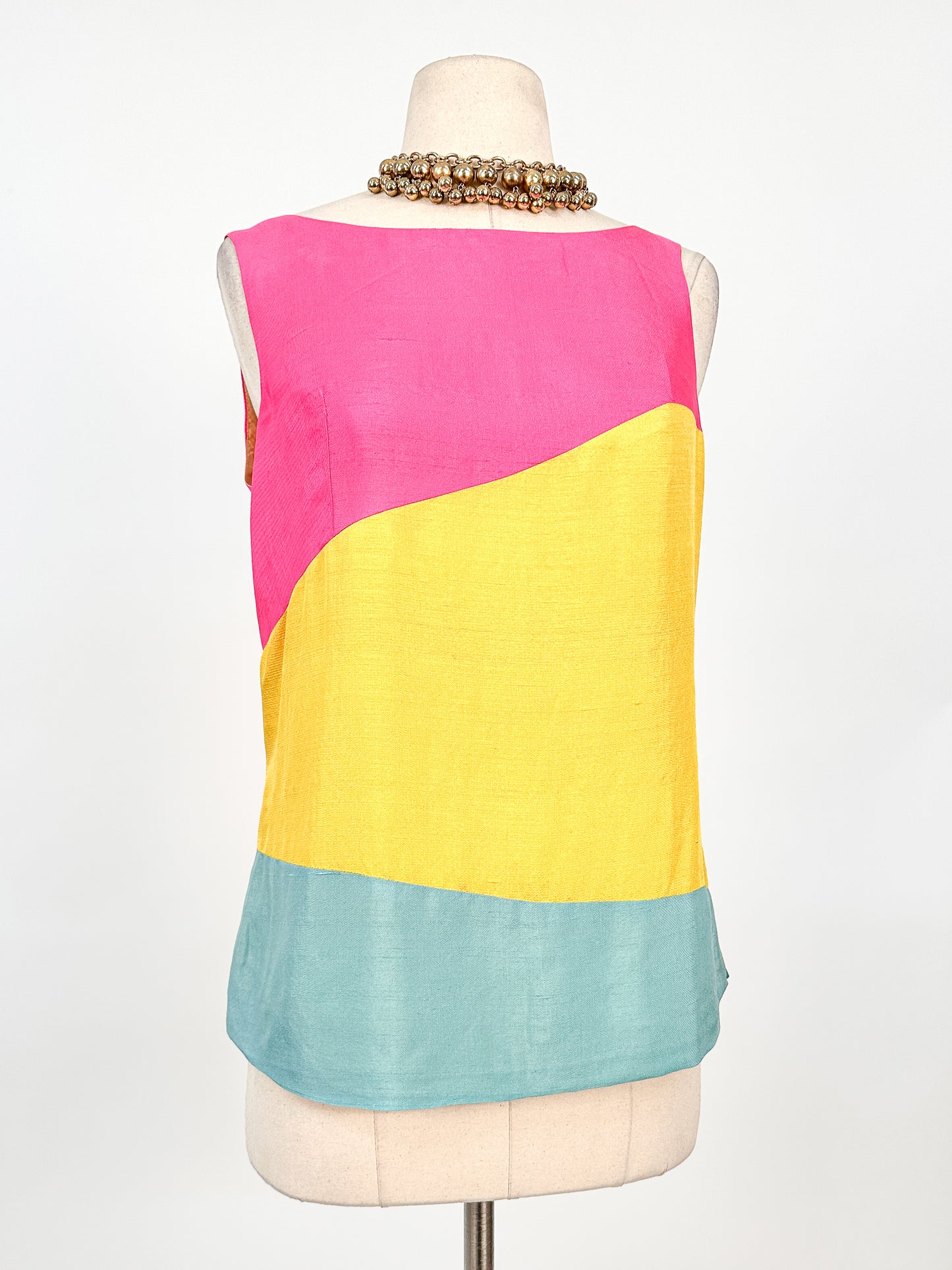 1960s Bright Color-blocked Silk Top / Bust 36