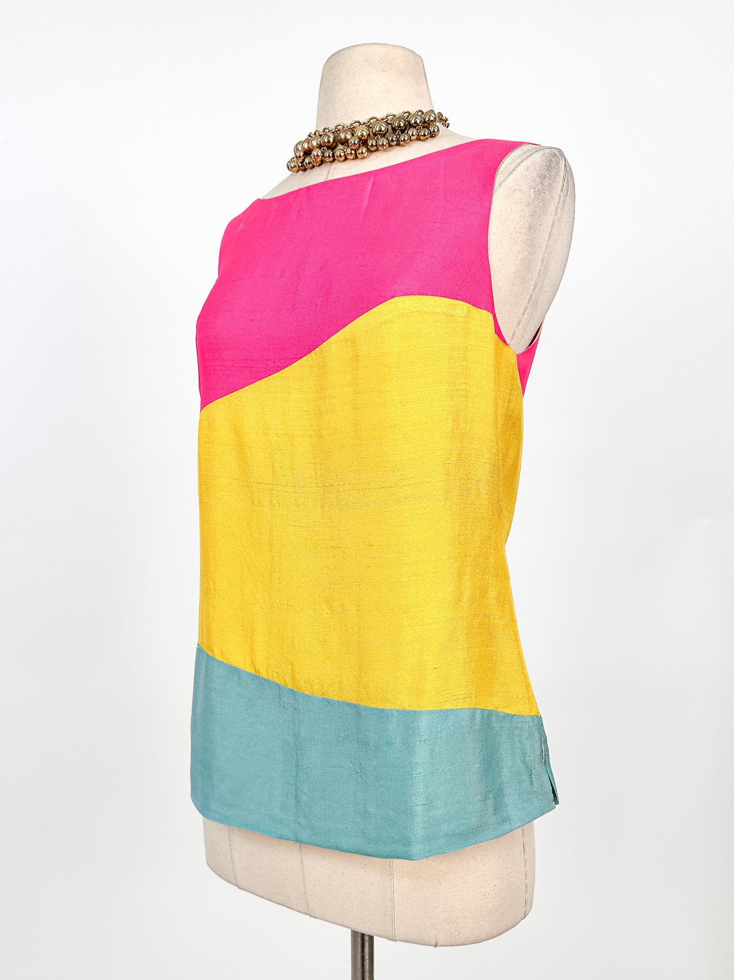 1960s Bright Color-blocked Silk Top / Bust 36