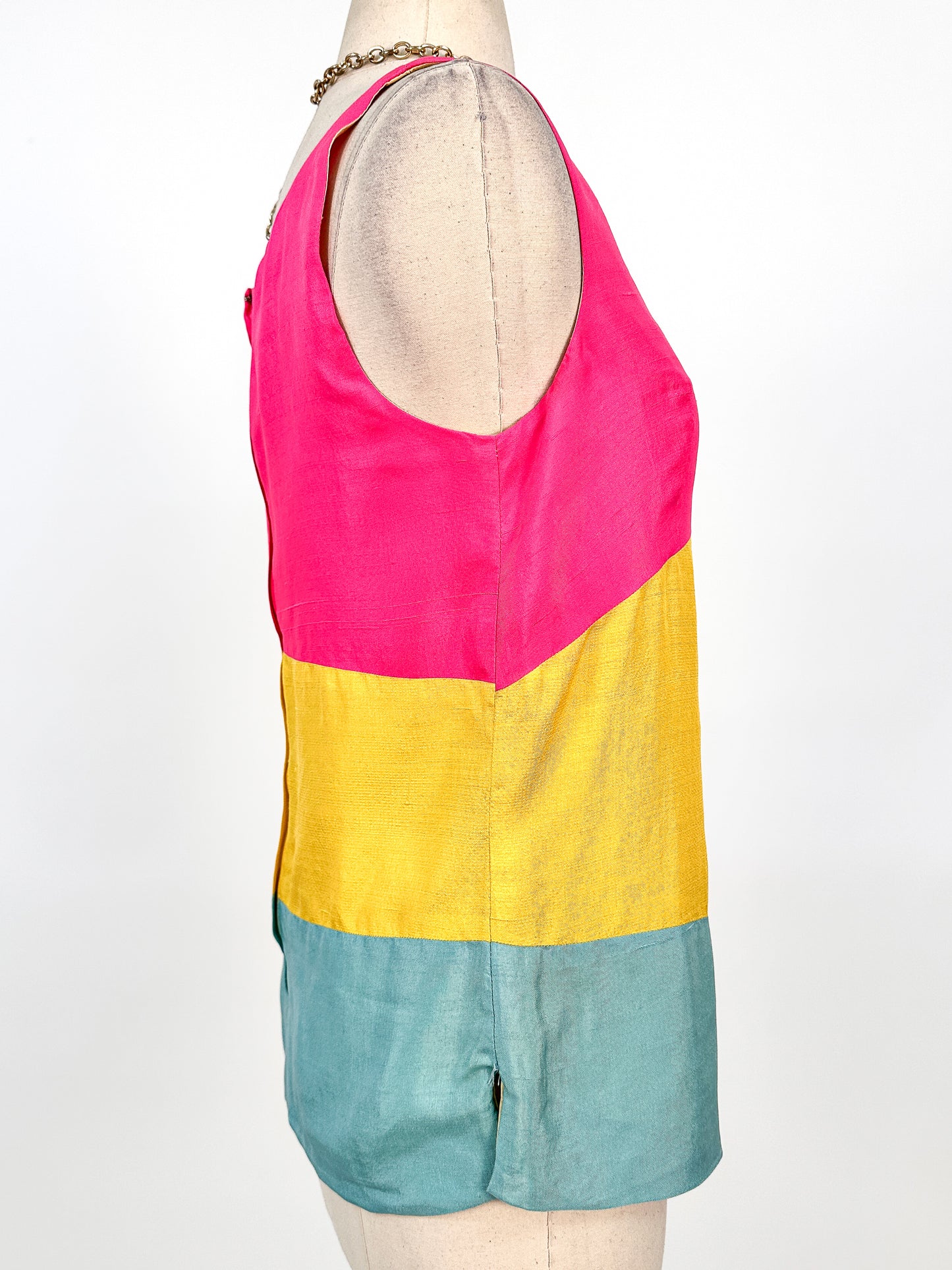 1960s Bright Color-blocked Silk Top / Bust 36