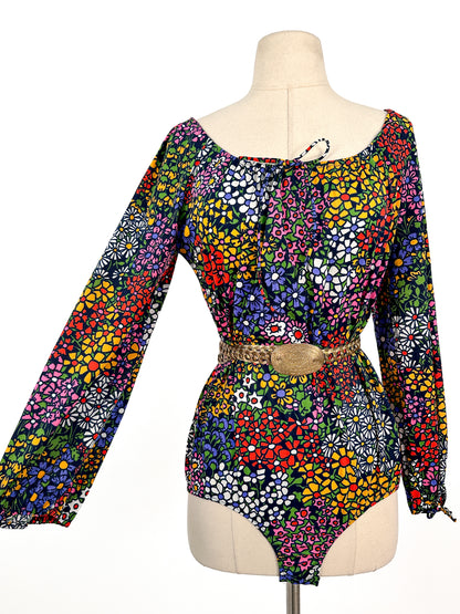 1960s Floral Peasant Style Bodysuit / Waist 40
