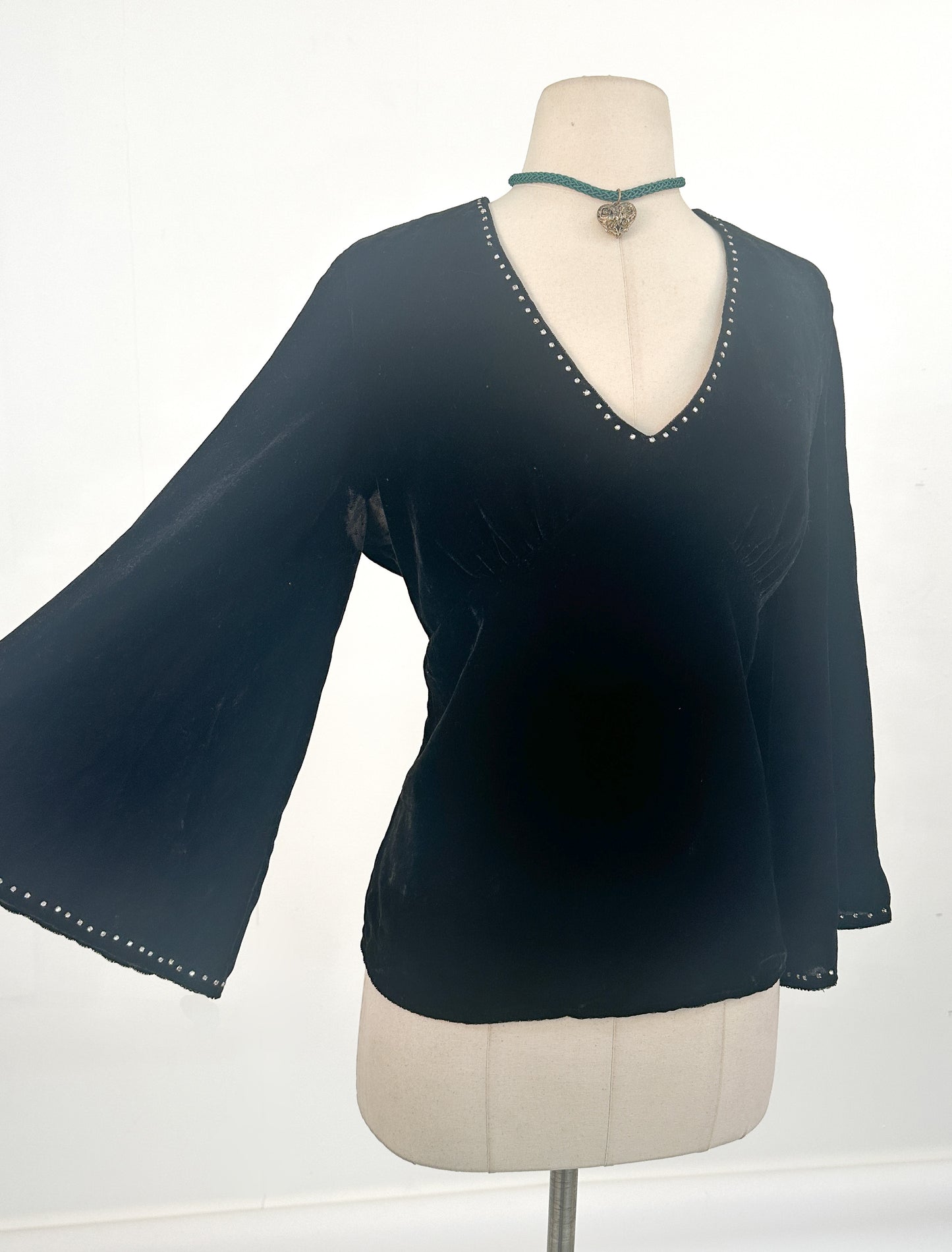 1990s Velvet Bell Sleeved Top with Rhinestones / Bust 40"