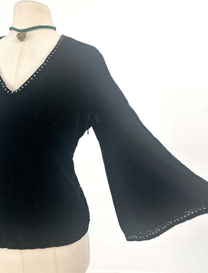 1990s Velvet Bell Sleeved Top with Rhinestones / Bust 40"