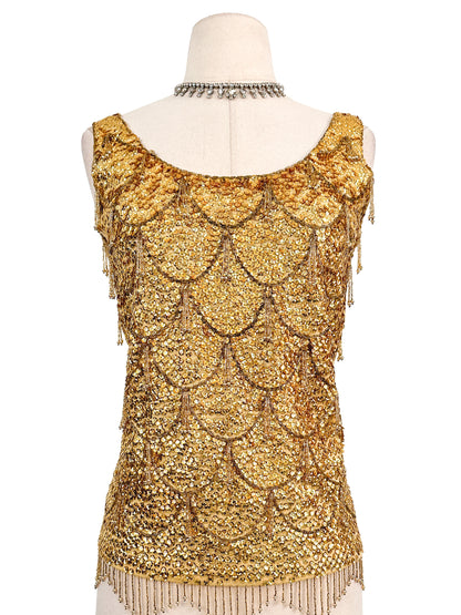 1960s Gold Sequin Top with Tassels / Bust 28