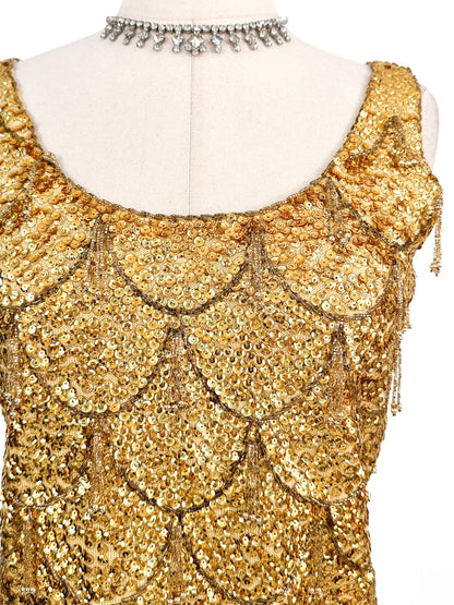 1960s Gold Sequin Top with Tassels / Bust 28