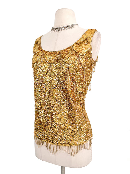 1960s Gold Sequin Top with Tassels / Bust 28