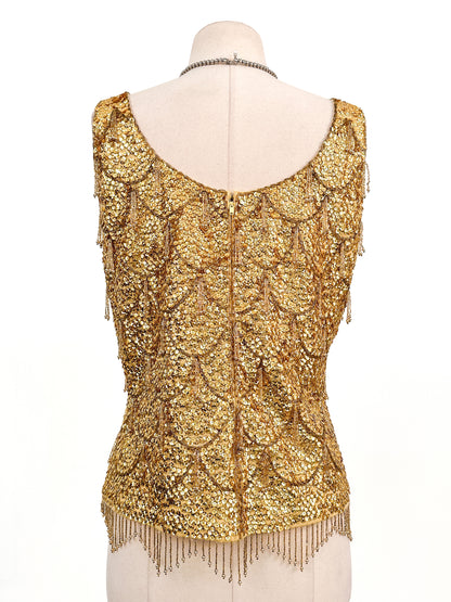 1960s Gold Sequin Top with Tassels / Bust 28