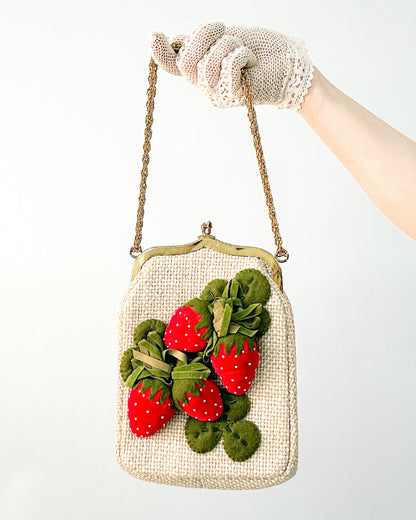 Charming 1950s Felted Strawberry Handbag with Velvet & Pearls