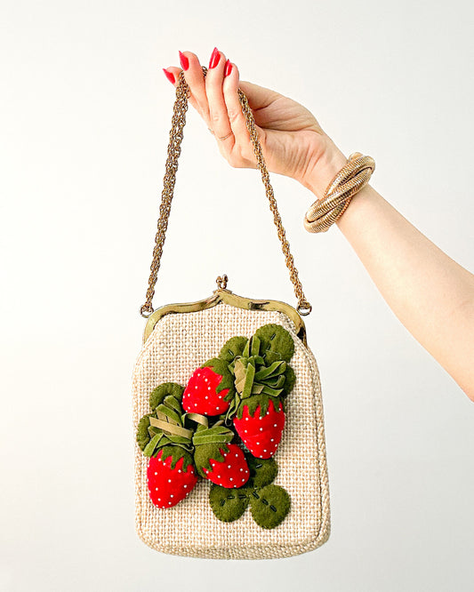 Charming 1950s Felted Strawberry Handbag with Velvet & Pearls